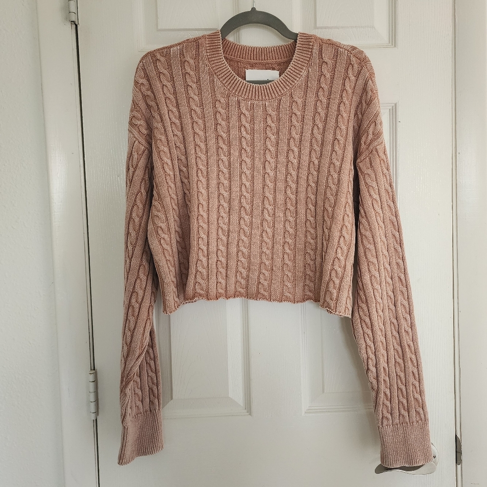 ​Aerie Cable Knit Cropped Sweater Raw Hem Mauve Pink Large